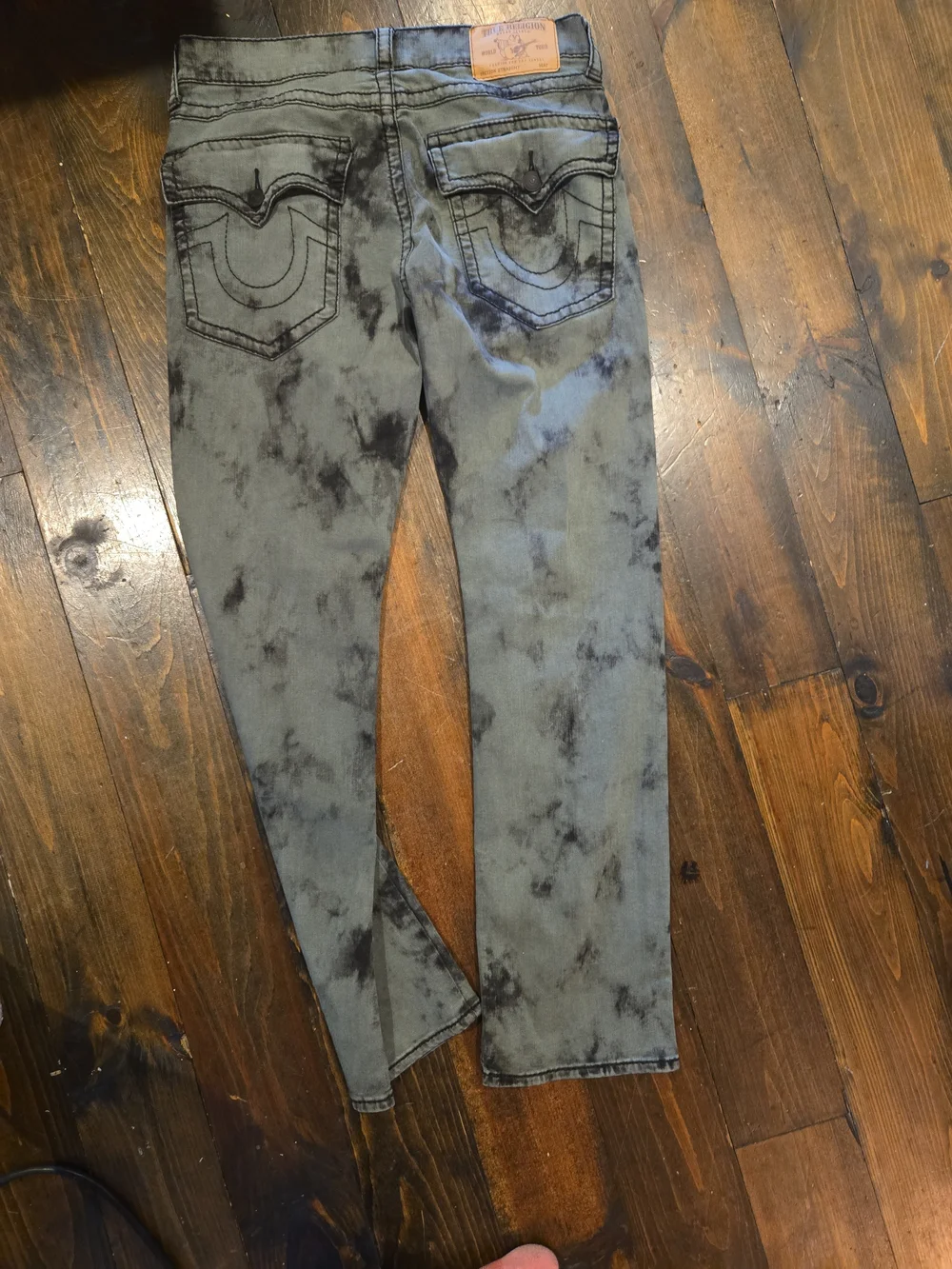 True Religion Ricky Straight Big T Jeans 34 Green Black Acid Wash Flap Pocket